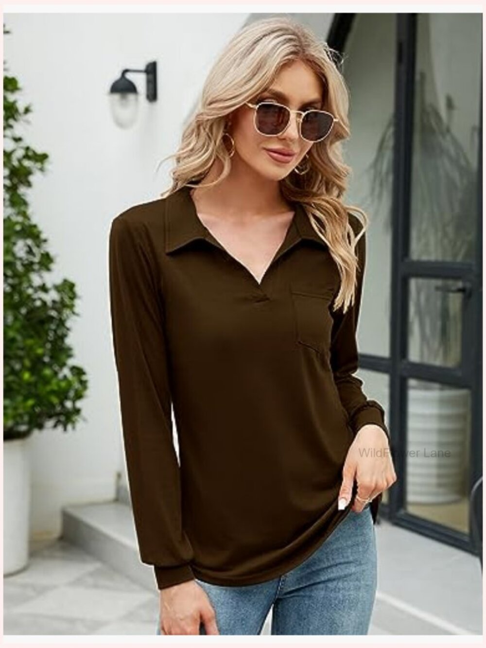 Womens V Neck Polo Short Sleeve Collared Tunic Blouse Pocket Loose Casual - Picture 3 of 7